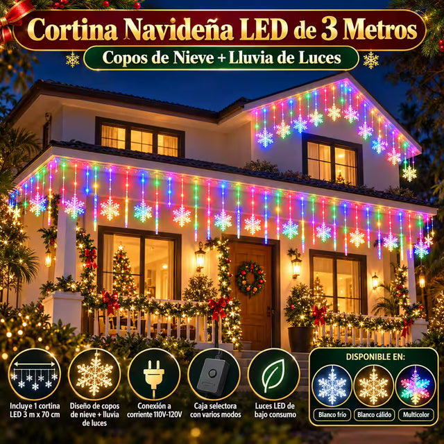 Cortina Navideña LED de 3 Metros | Copos de Nieve + Lluvia de Luces