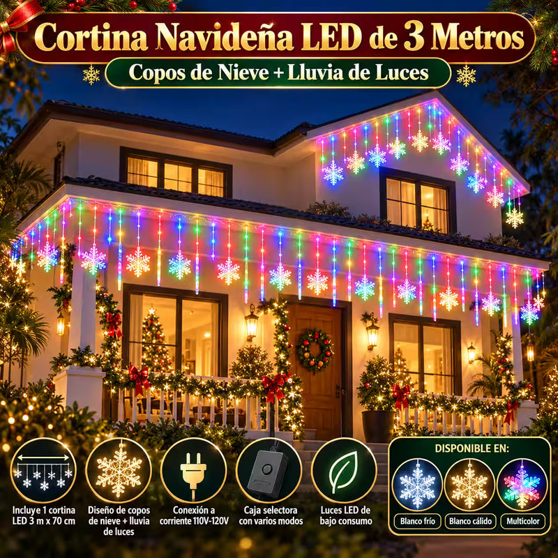 Cortina Navideña LED de 3 Metros | Copos de Nieve + Lluvia de Luces