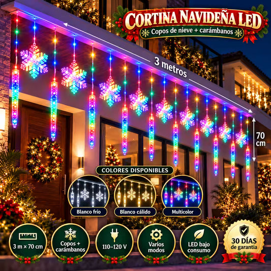 Cortina Navideña LED de 3 Metros | Copos de Nieve + Lluvia de Luces