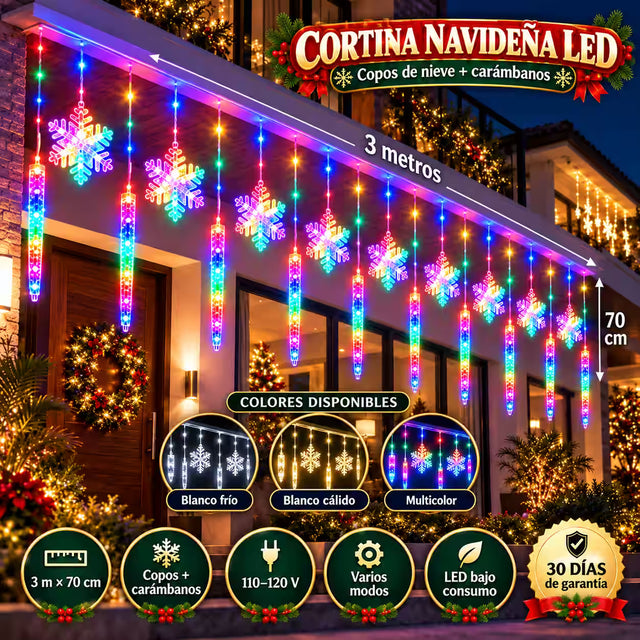 Cortina Navideña LED de 3 Metros | Copos de Nieve + Lluvia de Luces