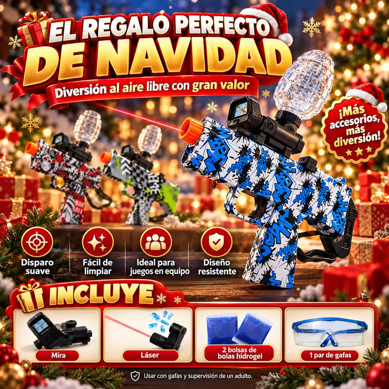 Pistola de Hidrogel Pro Navideña + Mira, Láser, Gafas y 2 Bolsas de Bolitas