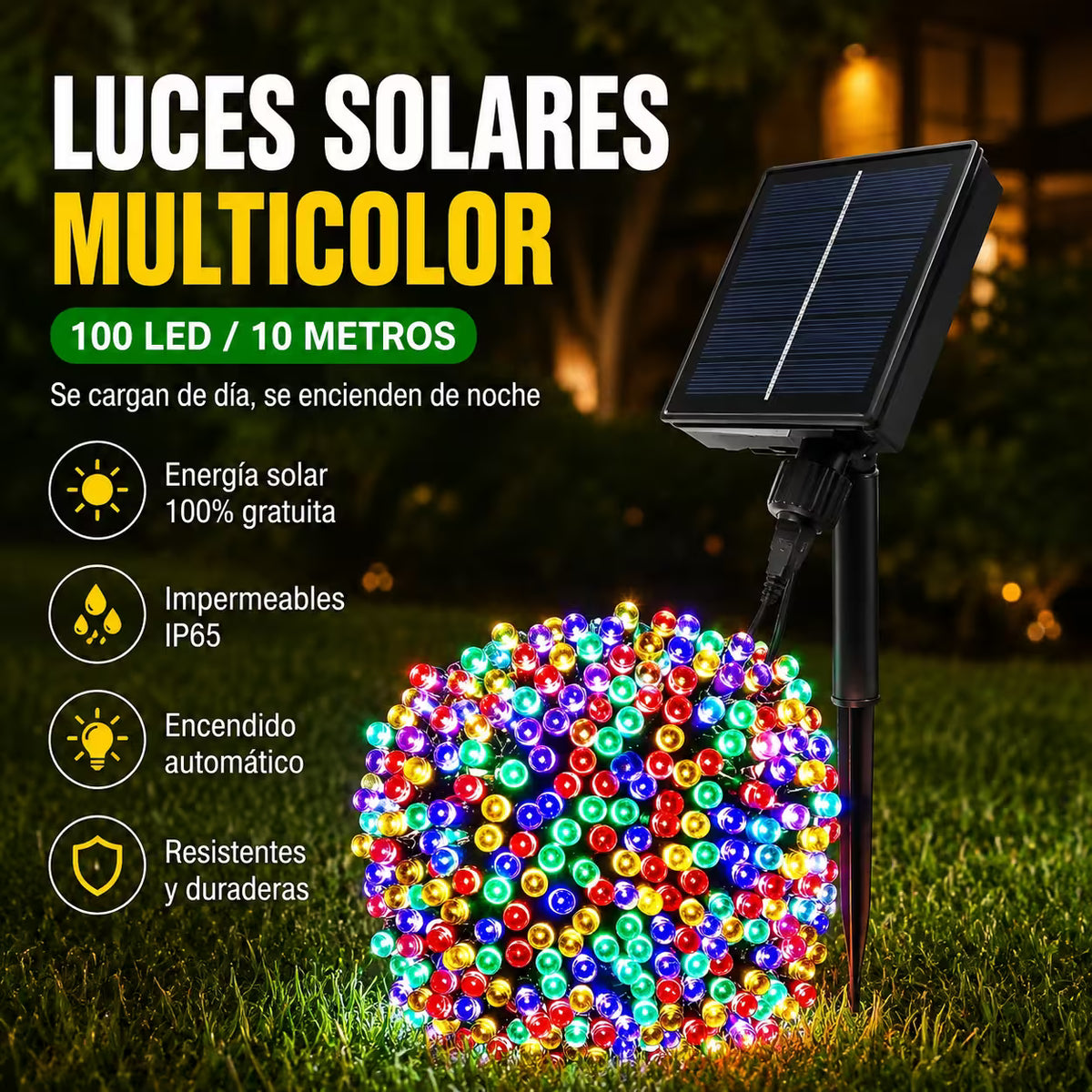 SolarGlow™ – Luces Navideñas Multicolor de 10 Metros que Iluminan sin Gastar Luz x100 Bombillos ✨