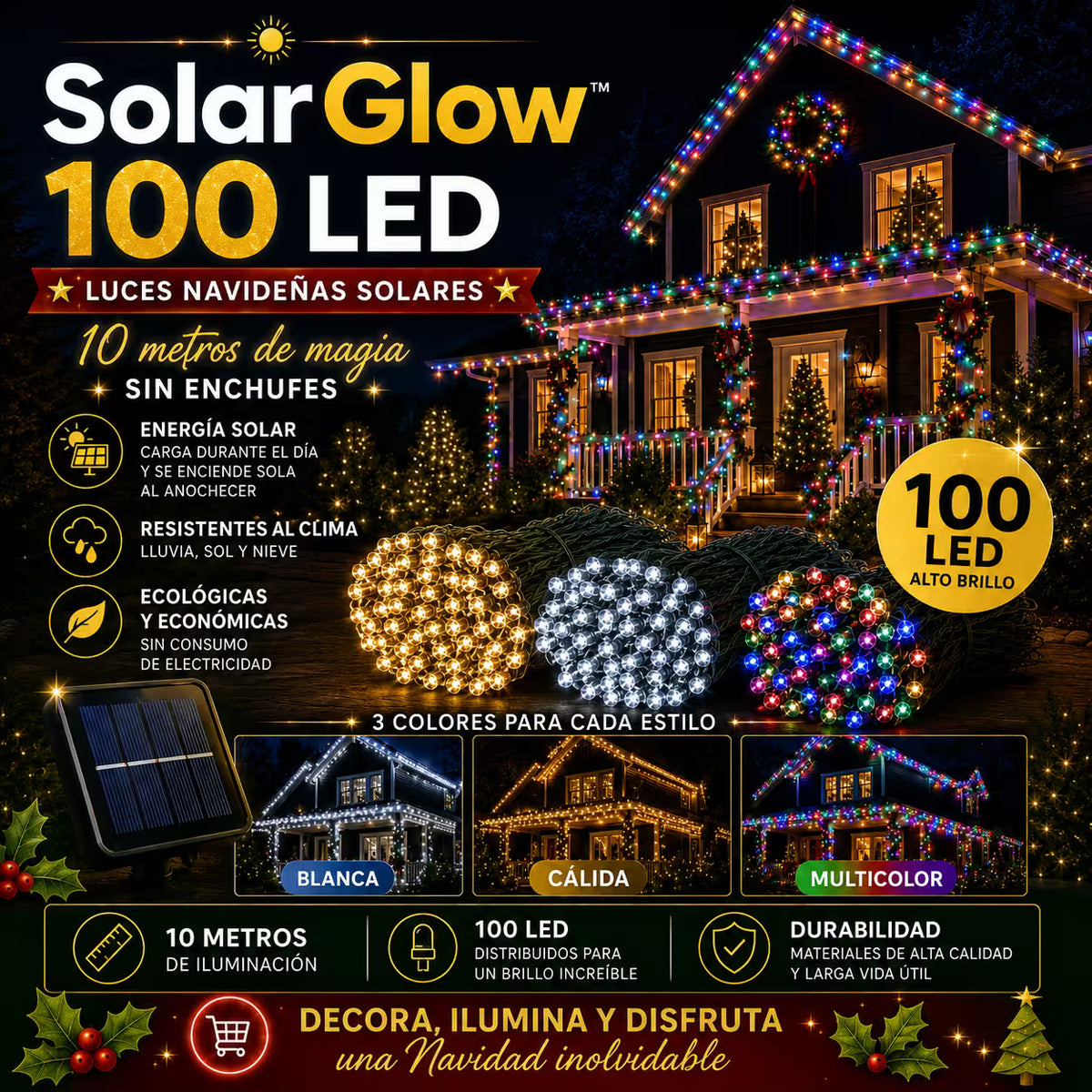 SolarGlow™ – Luces Navideñas Multicolor de 10 Metros que Iluminan sin Gastar Luz x100 Bombillos ✨