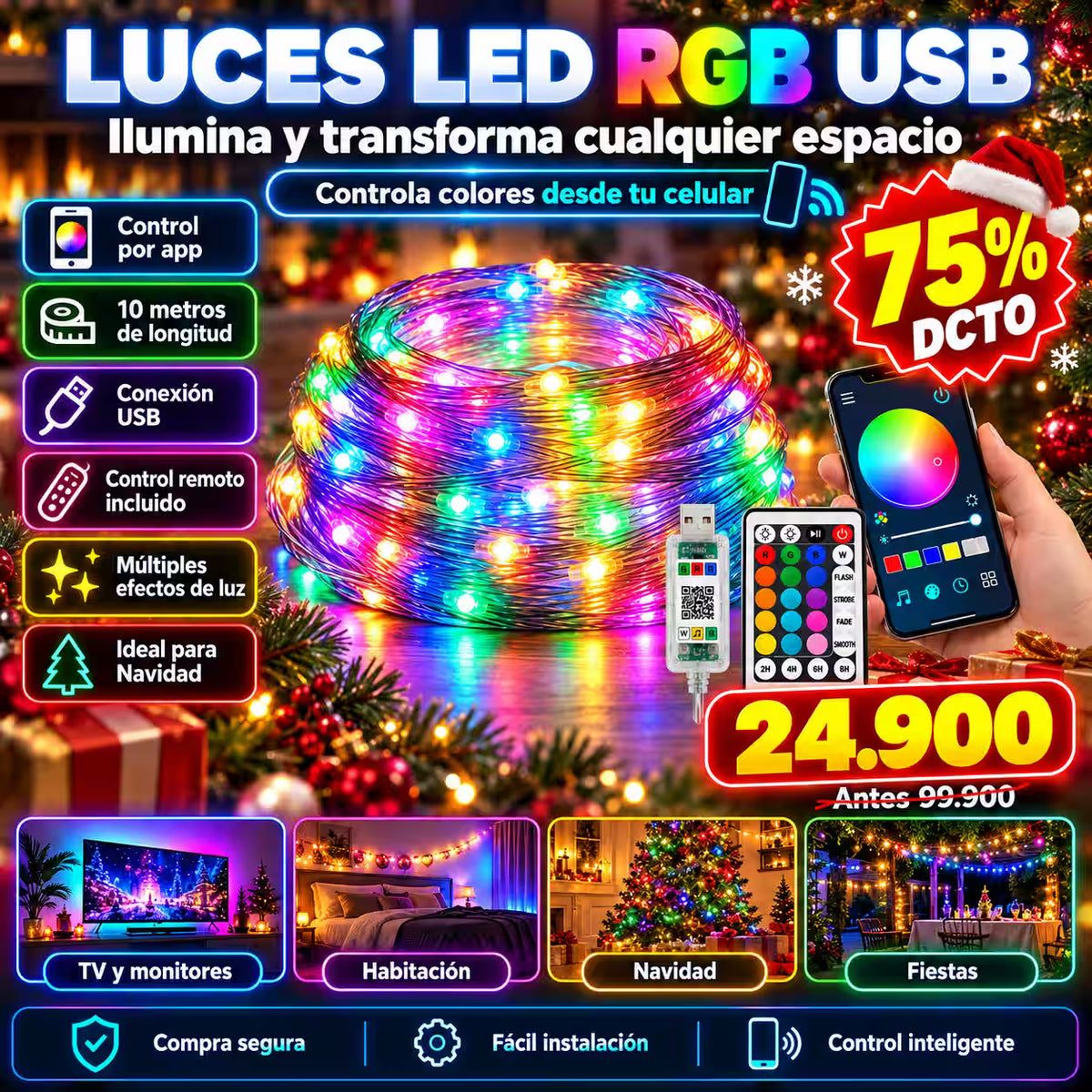 Luces LED RGB USB — 10 Metros + Control por App